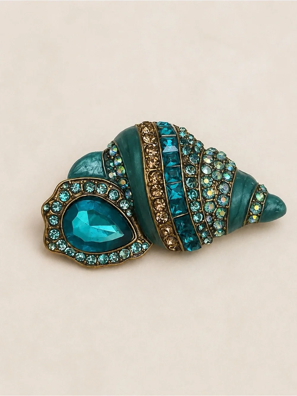 Teal Crystal Shell Brooch with Gold Accents - Women Jewelry